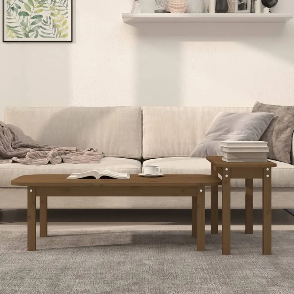 The Living Store Set di 2 tavolini in legno di pino massiccio marrone miele - 3