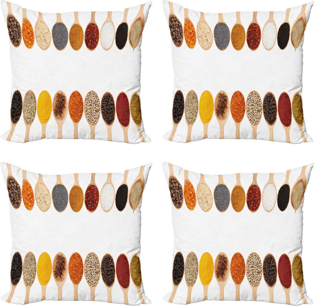 ABAKUHAUS Würzen Kissenbezug Set (4 Stück), Gruppe der Gewürze in Löffel, Moderner Doppelseitiger Digitaldruck, 60 cm x 60 cm, Mehrfarbig