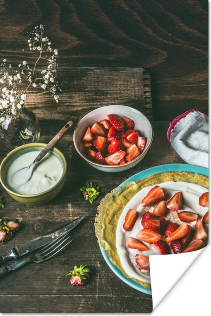 MuchoWow Poster Erdbeere - Rustikal - Obst - Rustikale Blumen 60x90 cm - Wanddekoration