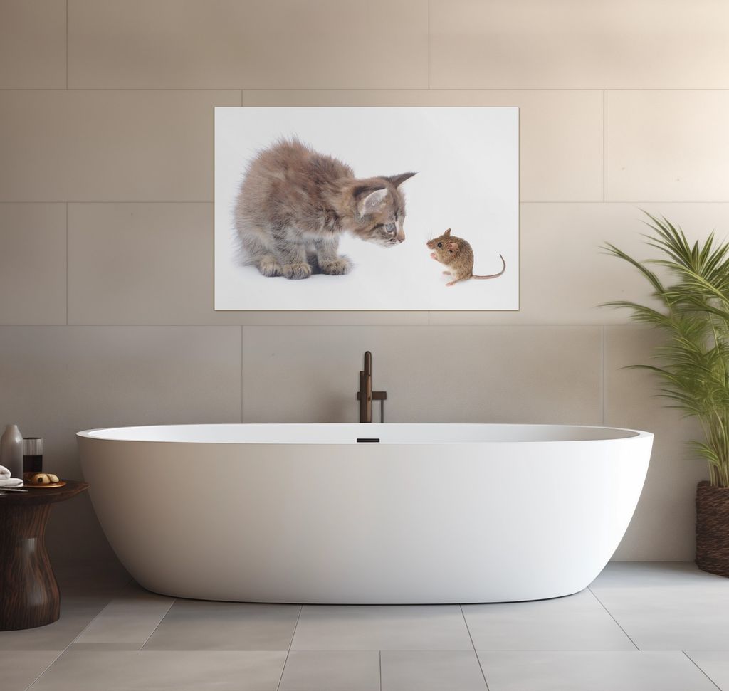 Wallario wasserfestes Poster selbstklebend 91,50 x 61 cm, Katze und Maus beim Spielen - weißer Hintergrund, Badezimmerposter Spritzschutz mit Hoch...