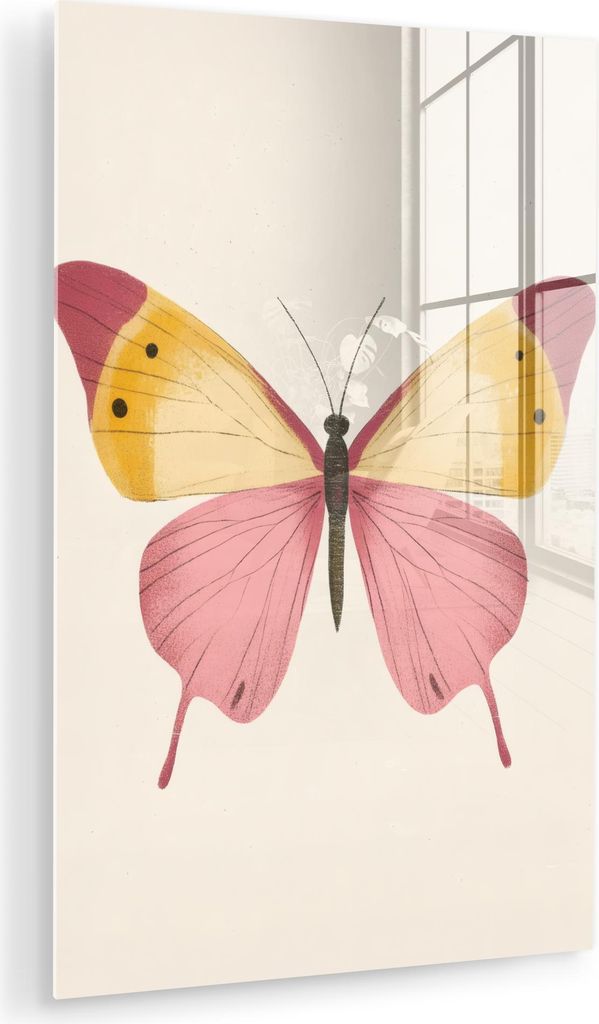 MuchoWow Glasbilder - Bilder auf Wandbild - Foto auf Glas Schmetterling - Illustration - Rosa 20x30 cm Wanddekoration aus Glas - Acrylglasbild - Ac...