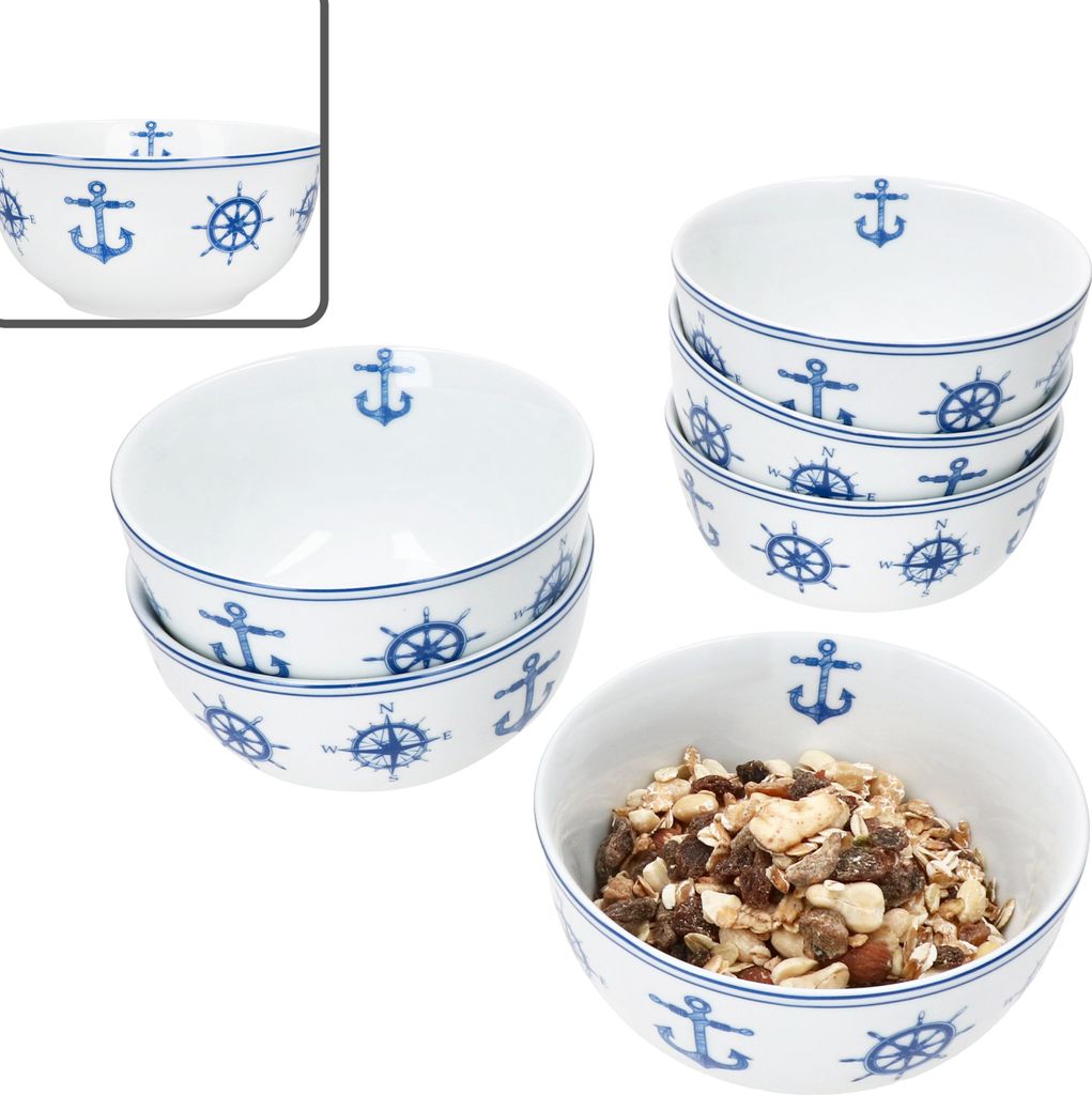 Ahoi 6x Müslischale 400ml 6 Personen nautisches Geschirr Dessert-Schüssel Anker
