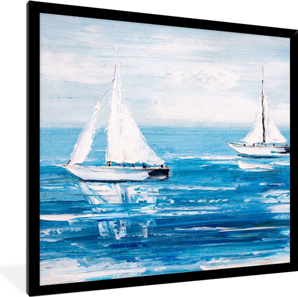 MuchoWow Gerahmtes Poster Malerei - Ölfarbe - Boot - Wasser 40x40 cm - Poster mit Schwarzem Bilderrahmen Wandposter Rahmen Foto Bilder - Mit Rah...