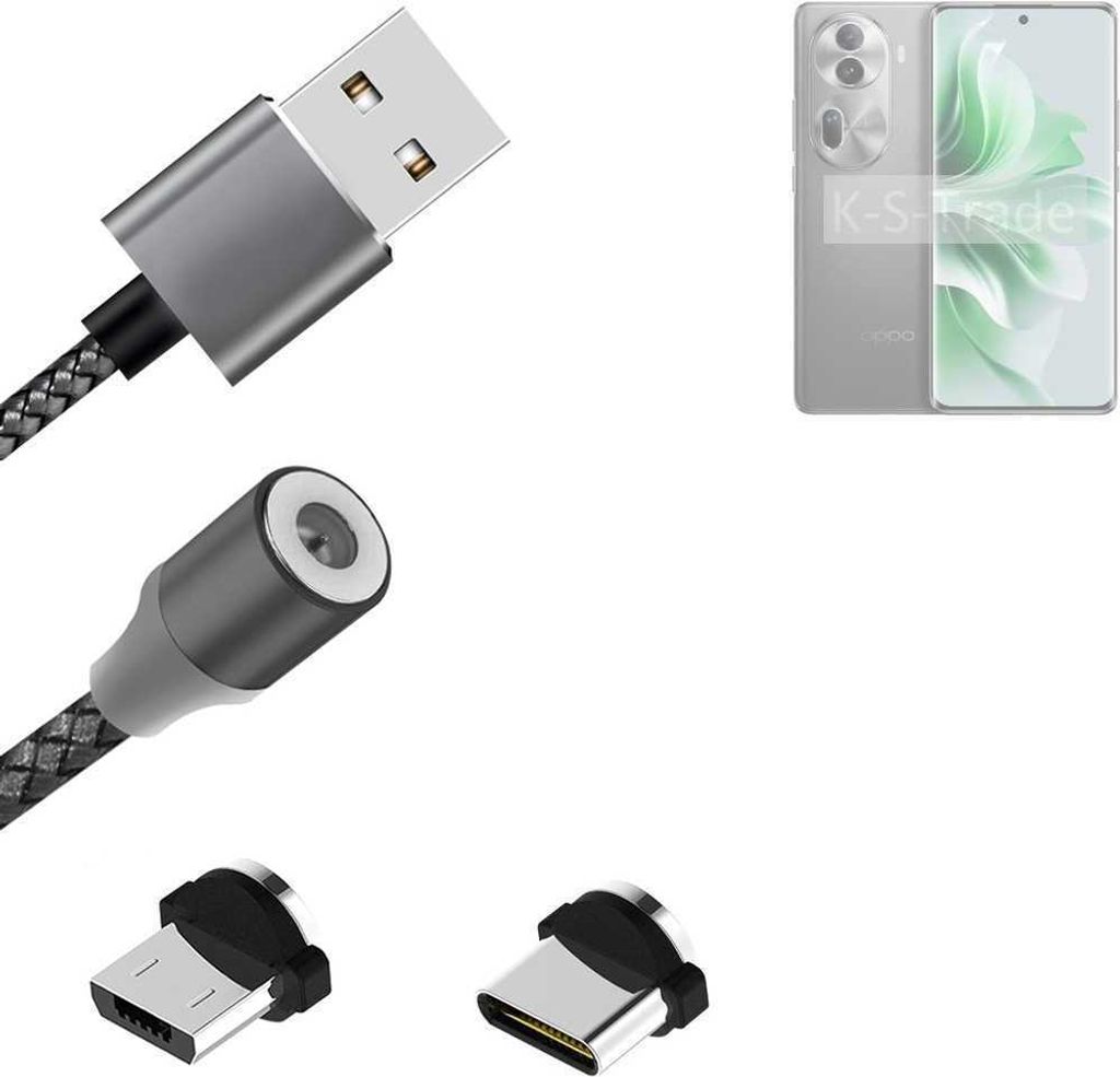 K-S-Trade Hochwertiges Magnet-Lade-kabel Sync-Kabel Daten-Kabel für Oppo Reno11 Pro mit USB-Typ-C-Anschluss und Micro-USB-Anschluss 2A bis zu 480mbps