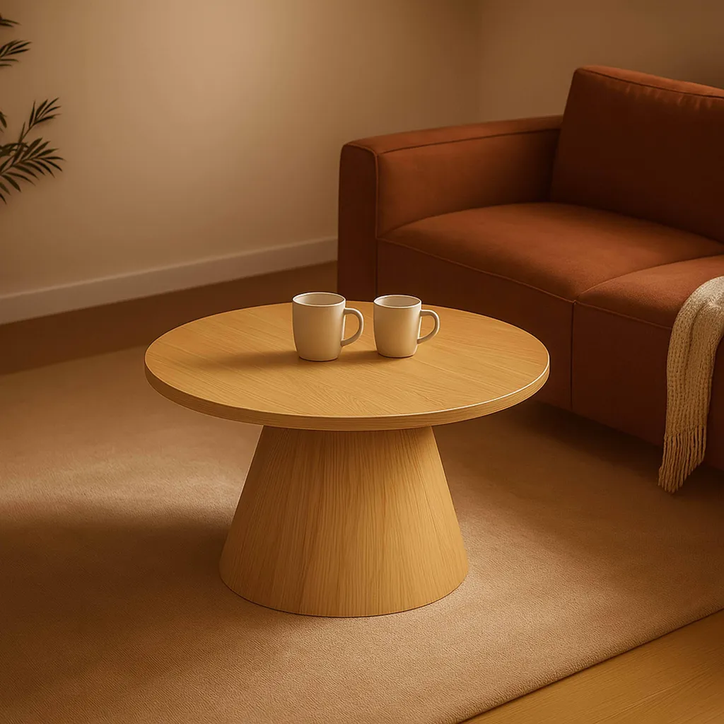 Table basse effet bois clair 80 cm plateau rond et pieds minimalistes