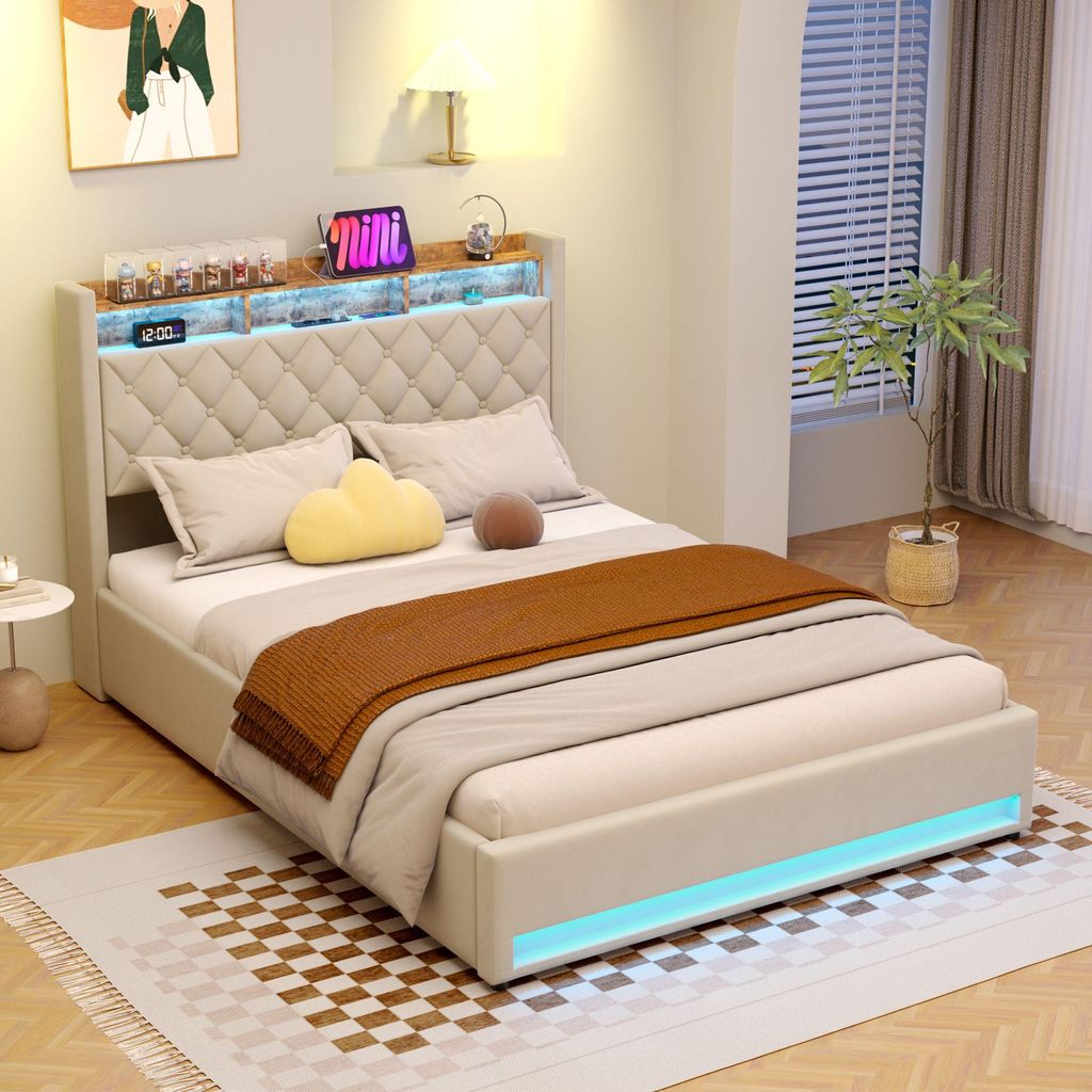 STILVORA Polsterbett 160×200 mit Matratze LED-Beleuchtung, USB & Steckdosen Bleuchtung Doppelbett Bettgestell im modernen Design mit Stauraum Kopf...