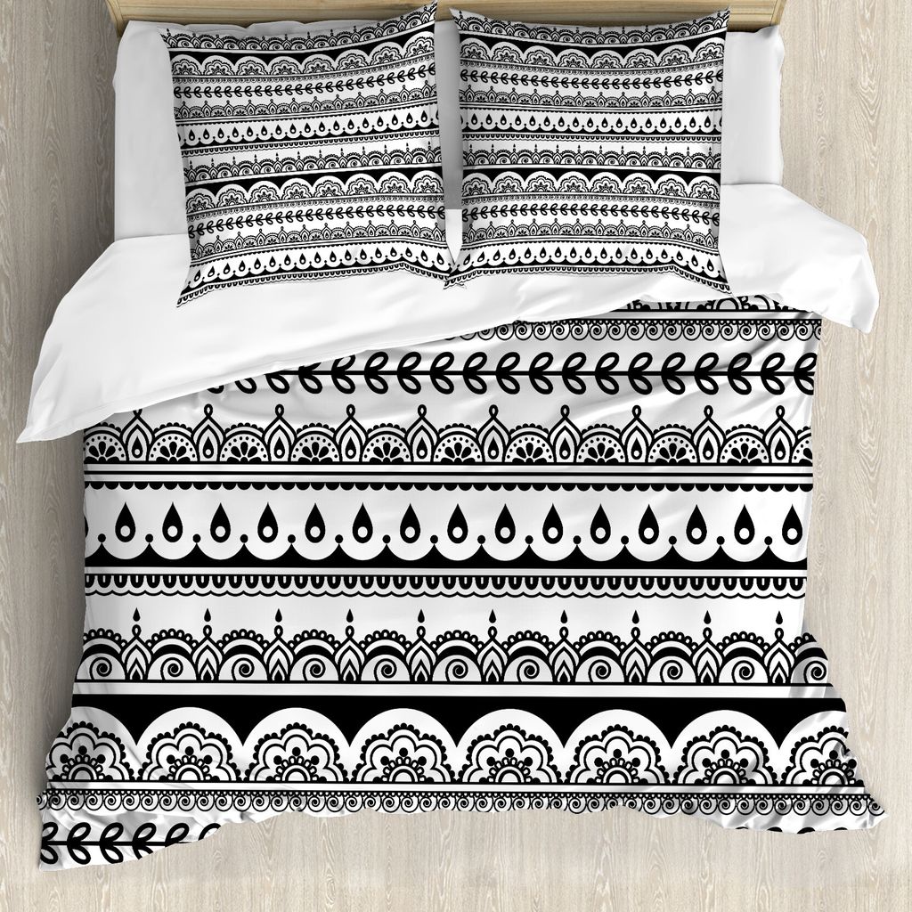 ABAKUHAUS Stammes Bettbezug, Borders mit Blatt, Milbensicher Allergiker geeignet mit Kissenbezügen, 155 cm x 220 cm - 80 x 80 cm, Schwarz und weiß