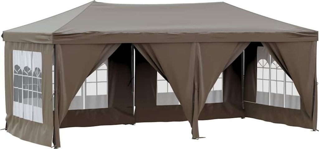 A taupe-colored party tent with windows, shown from the front.