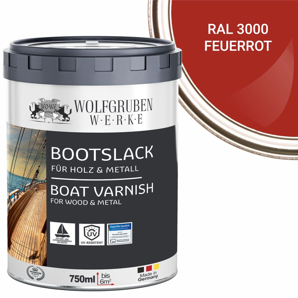 Bootslack Parkettlack Schiffslack Holzlack Seidenglänzend für Holz Boot Schiff W400 Feuerrot - 750ml