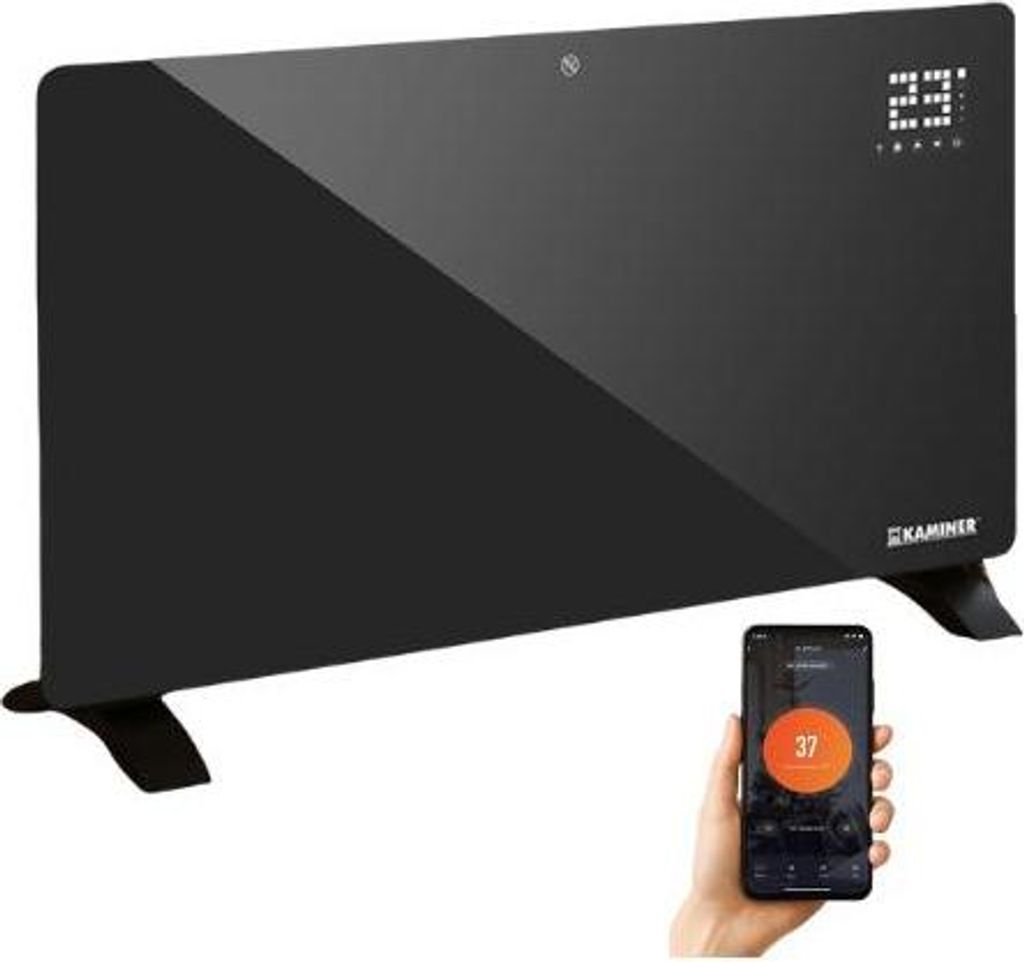 A black glass convector heater is shown with a smartphone in hand displaying a control app.