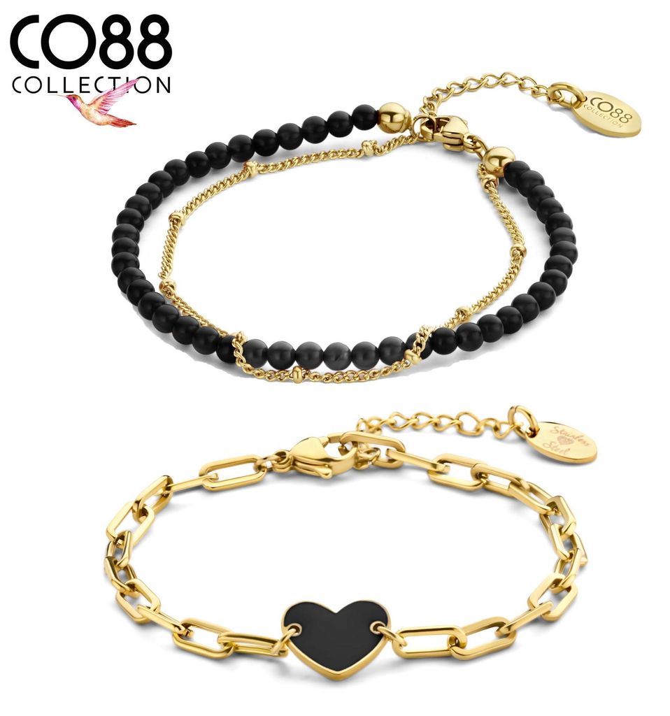 CO88 Collection 8CO-SET107 Schmuck-Set aus Stahl – Damen – 2 Armbänder – 16,5 + 3 cm – Schwarzer Achat – Herz – Emaille – Stahl – ...