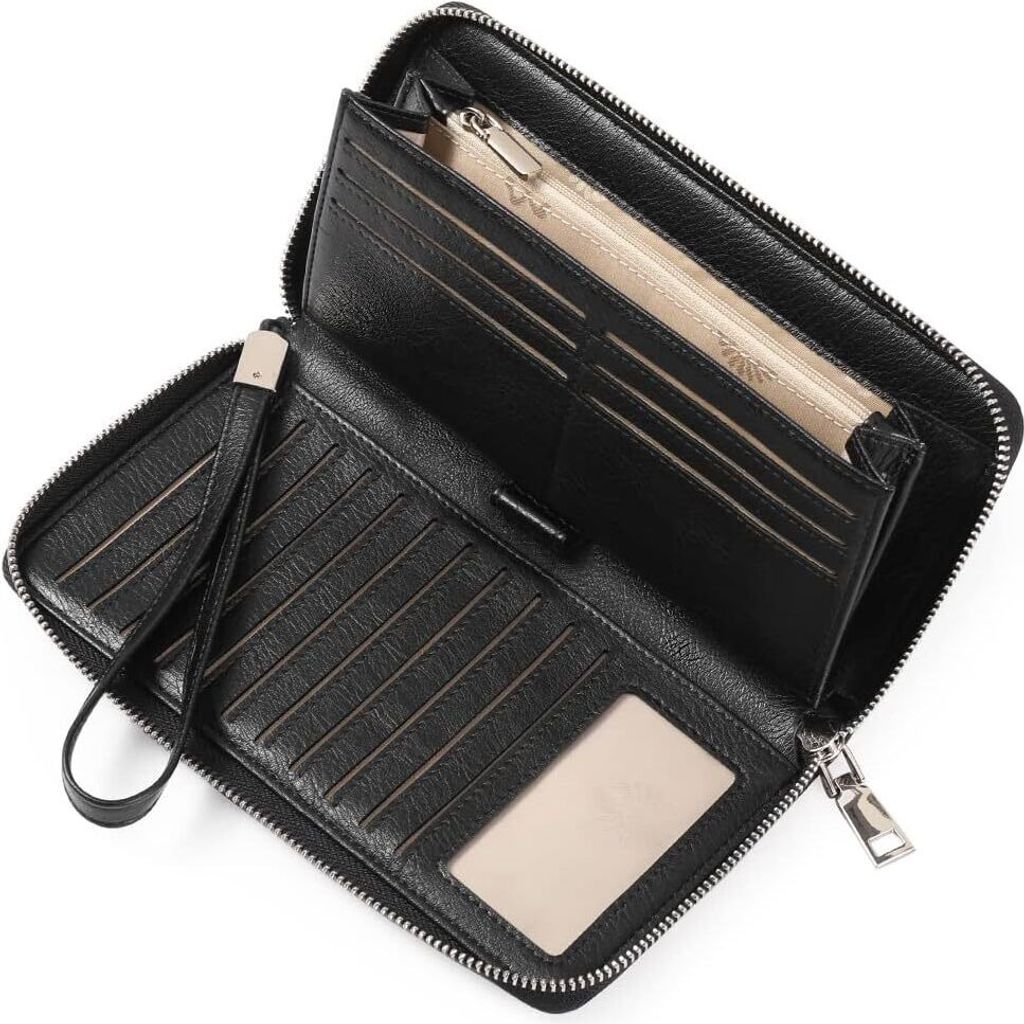 Geldbörse Damen Gross, Große Kapazität Leder Damen Portemonnaie Reißverschluss mit RFID-Blockierung Geldbeutel Viele Fächer RFID Portmonee Damen