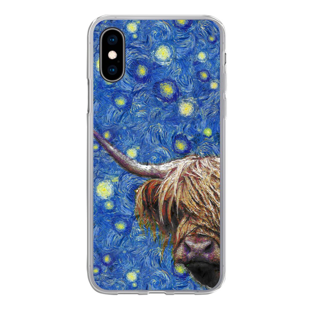 MuchoWow Handyhülle Schutzhülle Hülle für iPhone X Sternennacht - Van Gogh - Schottischer Highlander Silikon Softcase Handy Hülle - Handyhülle