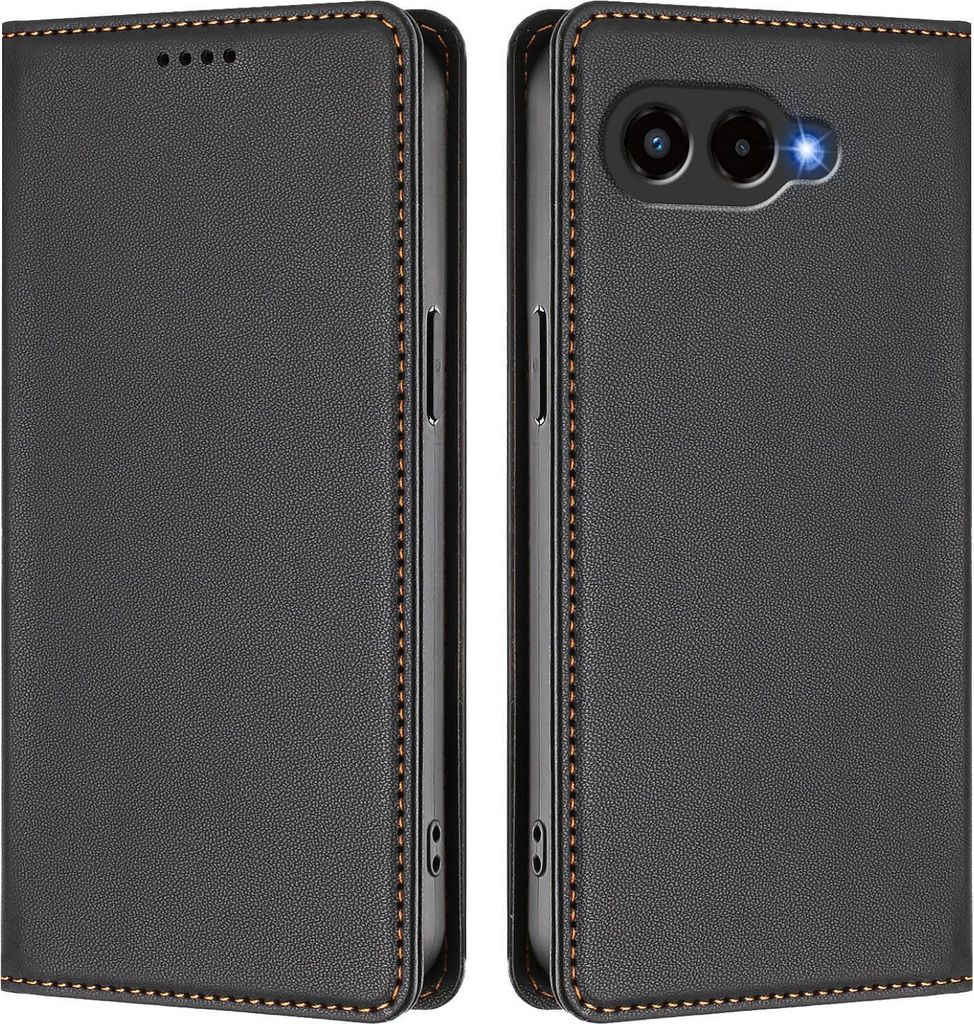 A black flip phone case shown from the front and back.
