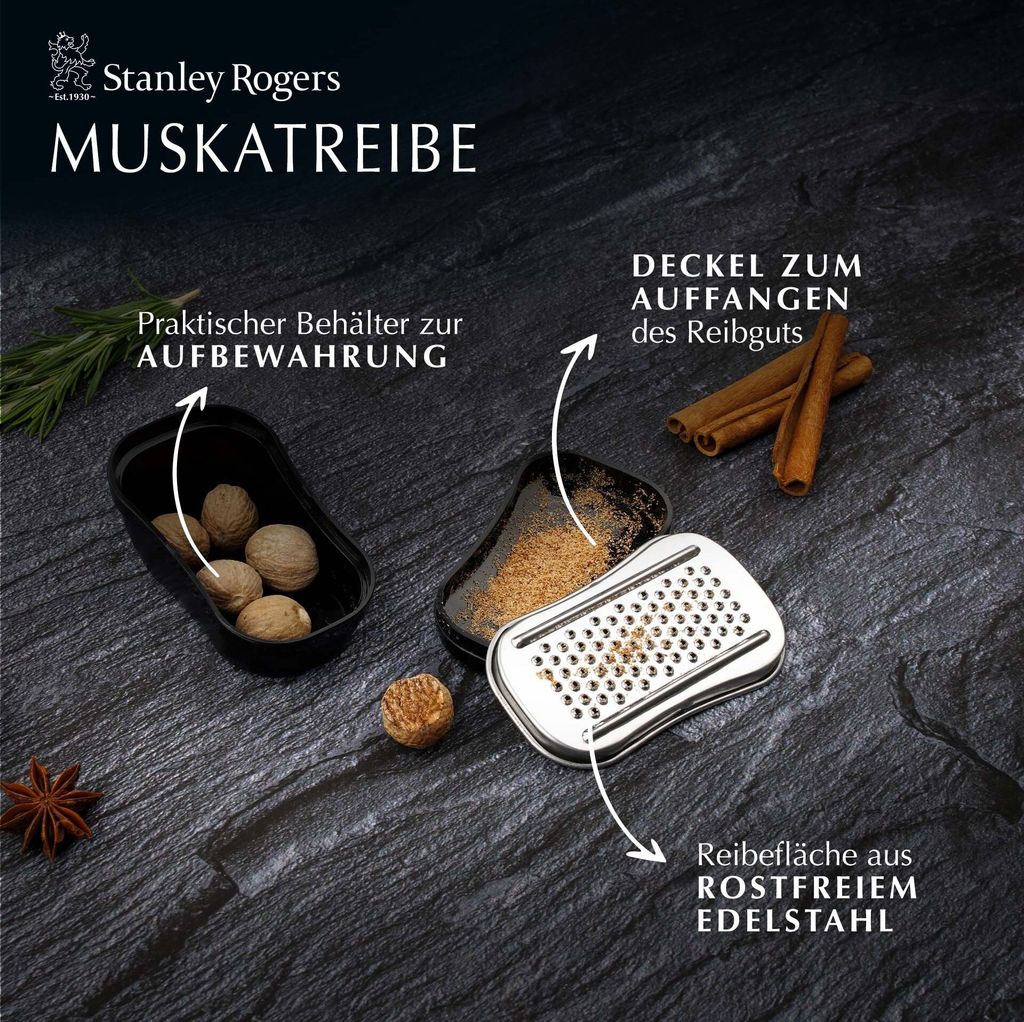 Stanley Rogers Muskatreibe Premium Edelstahl Muskat Reibe mit Deckel und Aufbewahrungsbox Ideal für feines Reiben von Muskatnuss & anderen Gewürz...