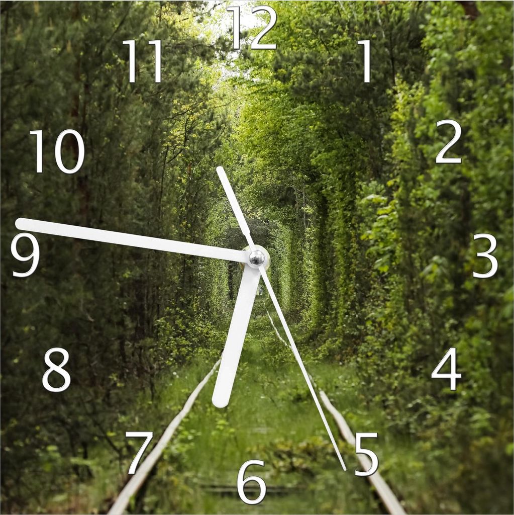 Wallario Design Wanduhr Verwunschener Tunnel aus Bäumen aus Echtglas, Größe 20 x 20 cm