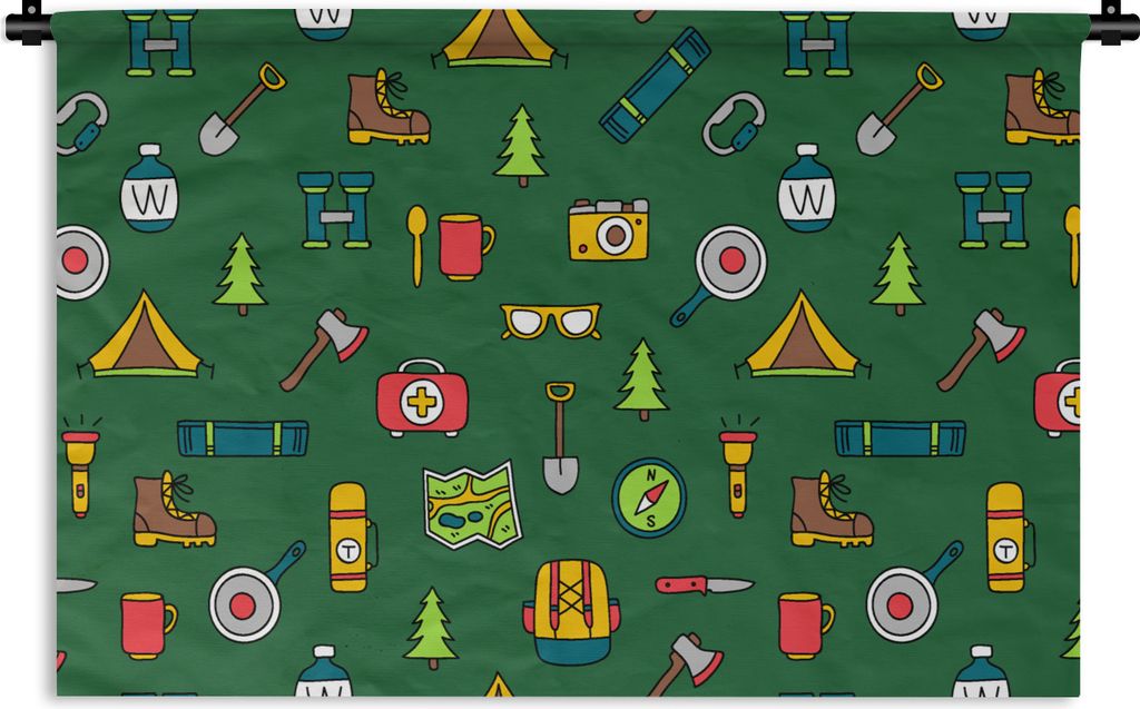 MuchoWow Wandteppich Wandbehang Camping - Zelt - Axt - Rucksack 60x40 cm Tapisserie Dekoration Wandtuch - Wanddekorationen