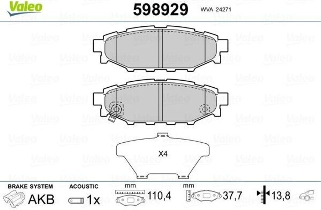 VALEO 598929 - OE 26696 AG010 Bremsbeläge, Hinten für GT 86 (ZN6)