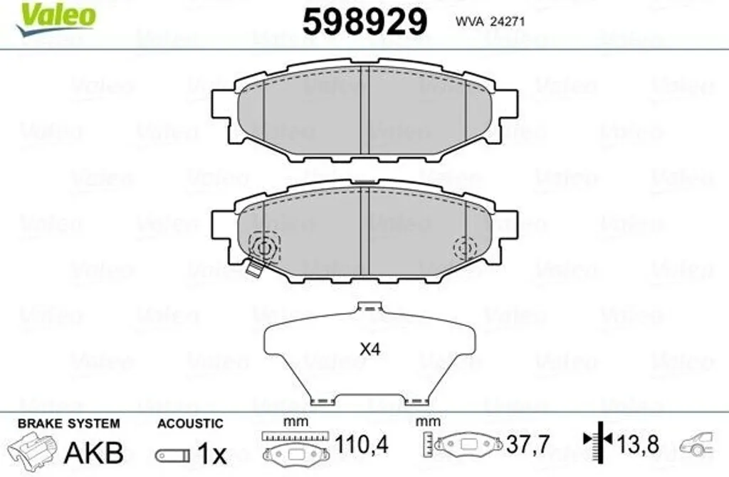 Plaquettes de frein pour révision arrière GT 86 ZN6 Valeo 598929