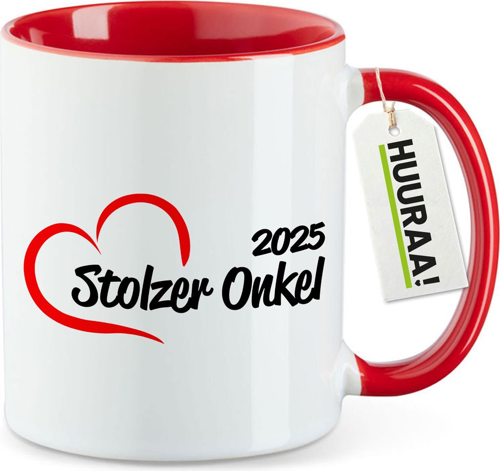 Huuraa Kaffeetasse Stolzer Onkel 2025 Herz 330ml Rot Keramik Kaffeebecher Geschenkidee
