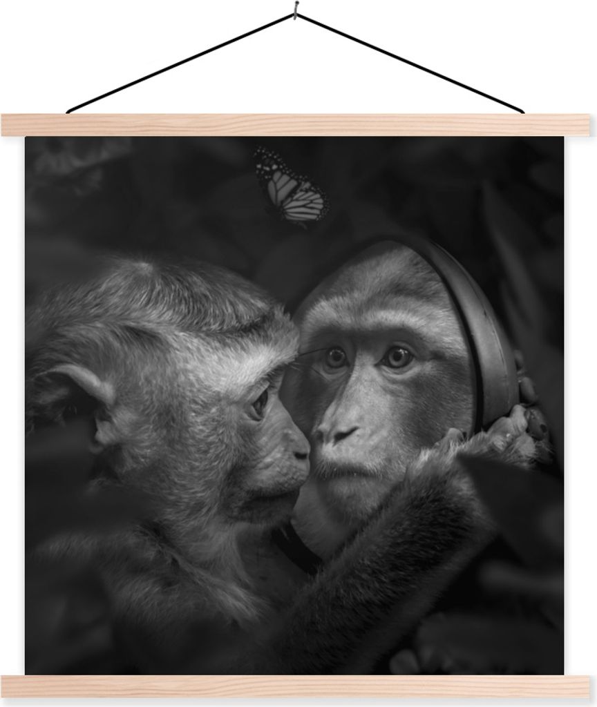 MuchoWow Textilposter Schmetterling - Affe - Tiere - Dschungel - Schwarz - Weiß 120x120 cm mit holzfarbenen Rahmen - Textil-Poster