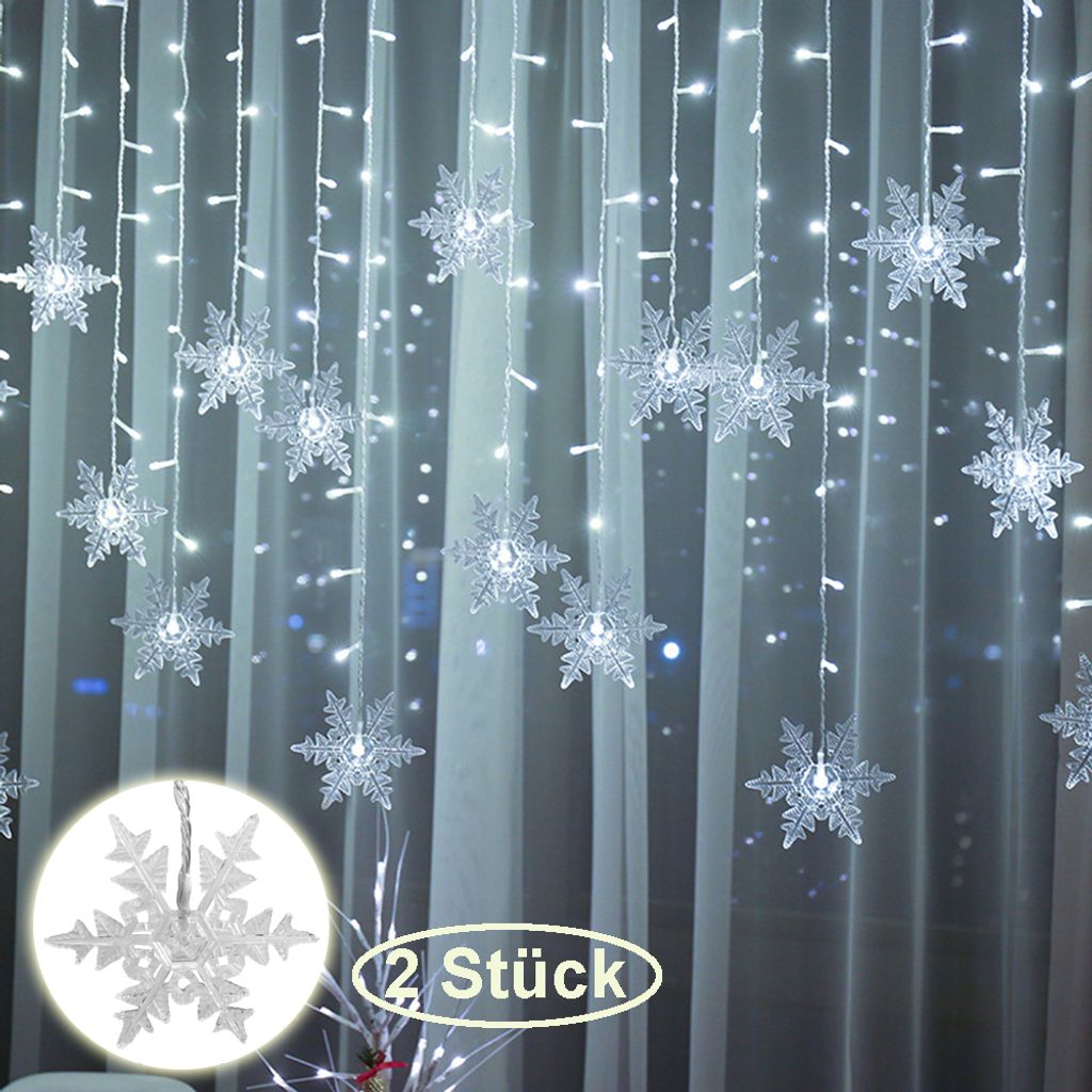 2 Stück Schneeflocke Lichterkette 94LEDs Lichtervorhang Kaltweiß Innen 8 Modi IP44 Deko Für Weihnachten Fenster Balkon Garten Party