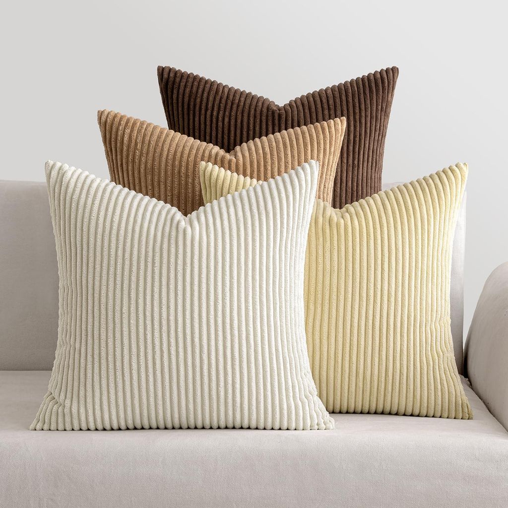 Weicher, dekorativer Kissenbezug aus Cord mit quadratischen Streifen, für Wohn-/Schlafzimmer, 4-teilig, 40 x 40 cm, braun