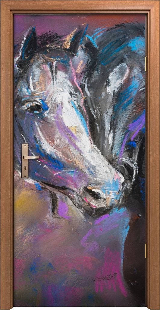 Türposter 90x200 cm Türaufkleber Türtapete Türfolie Klebefolie Pastellfarbenes Porträt von Pferden