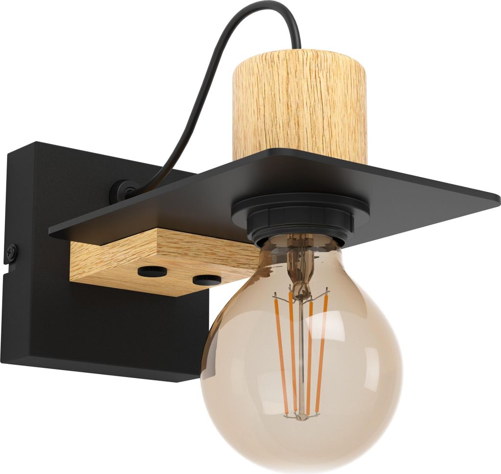 EGLO Wandleuchte innen Bramerton, originelle Wandlampe, Wandbeleuchtung aus Metall in Schwarz und Holz in Natur, FSCM70HB, Wand Lampe, E27 Fassung