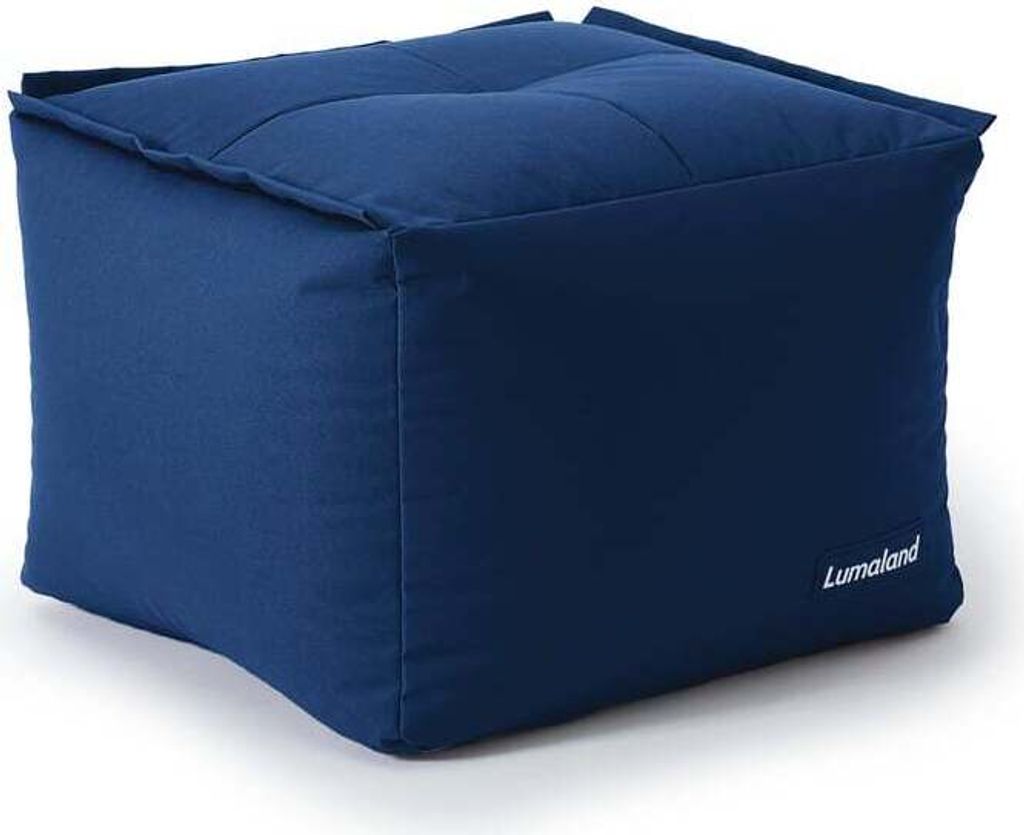 A navy blue cube-shaped ottoman sits on a white background.
