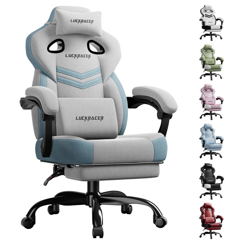 A gaming chair is shown with multiple color options displayed to the right.