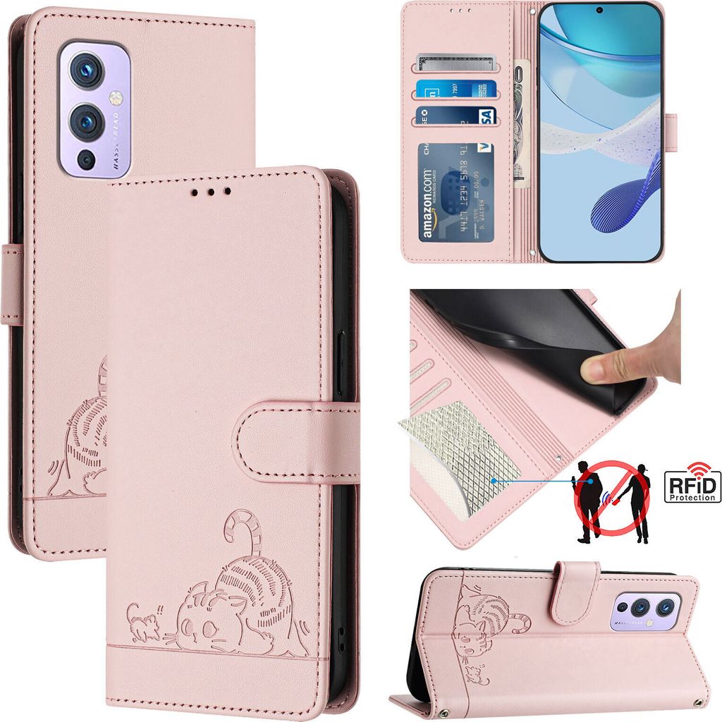 Leder Hülle für OnePlus 9 Süße Katze Flip Case Brieftasche Schutzhülle mit Standfunktion Pink