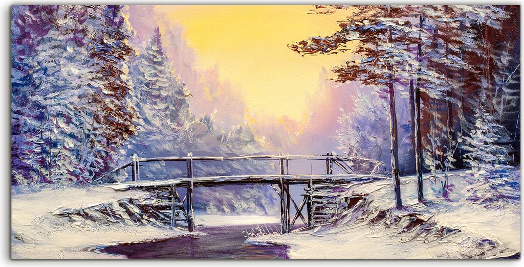 Coloray Acrylbild 120x60 Wandbild Acrylbilder Weiße Brücke Fluss Winter Landschaft