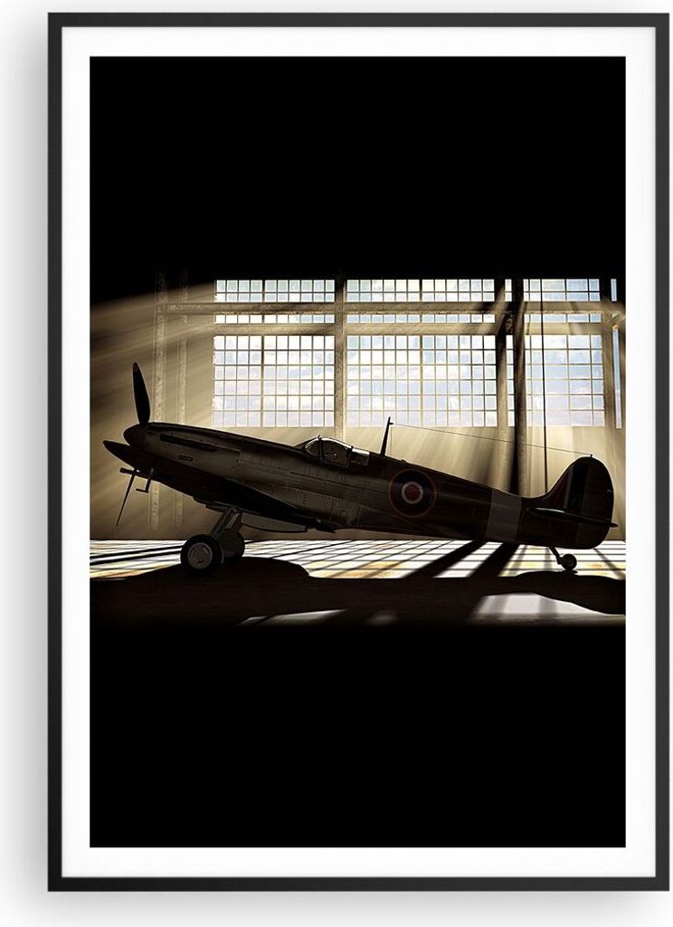 Gerahmtes Poster - Schwarzer Rahmen - Airplain Hangar Flug historisch - 70x100 cm - Wand Bild - Wanddeko - Wandbilder - Wandposter - Bilderrahmen -...