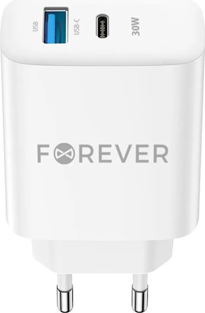 Forever TC-07-30AC Caricatore PD QC 1x USB-C 1x USB 30W bianco