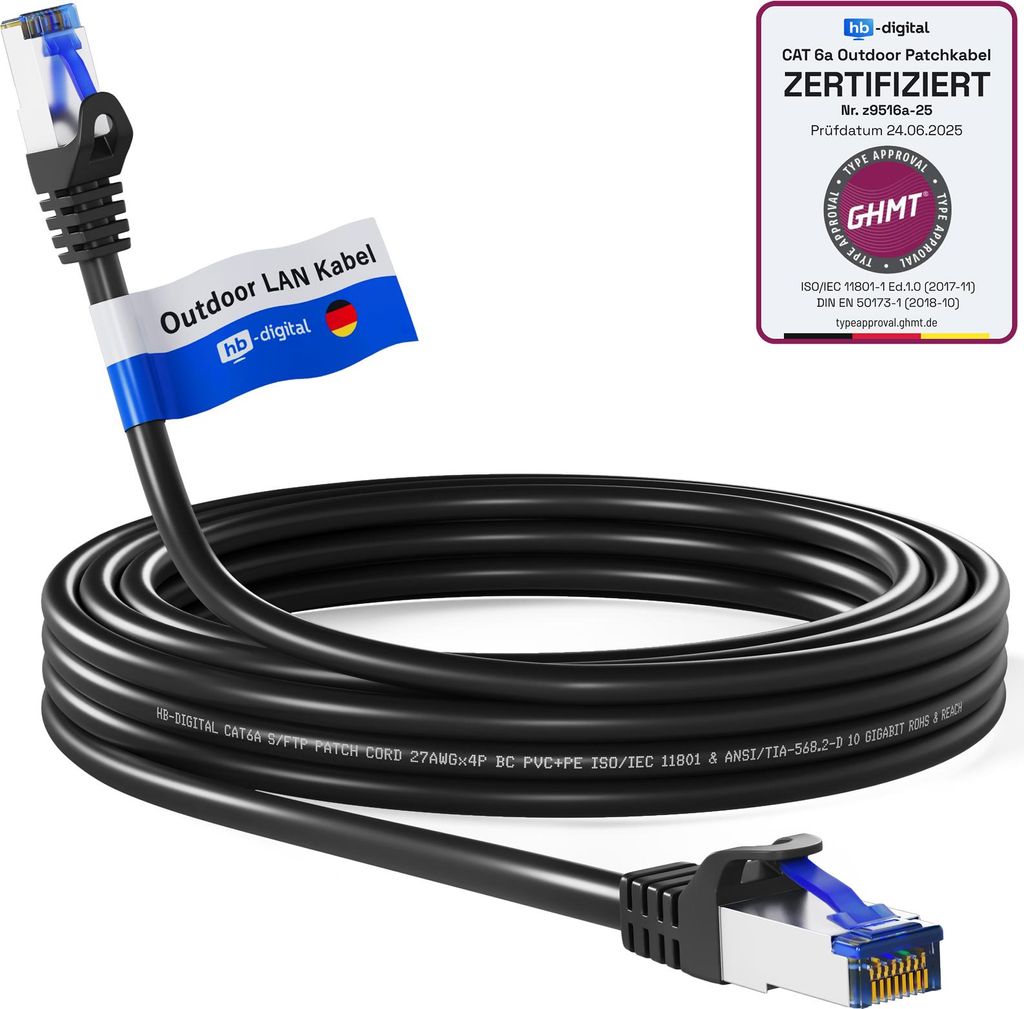 hb-digital Patch Kabel 20m CAT 6a für Außenbereich S/FTP PVC PE