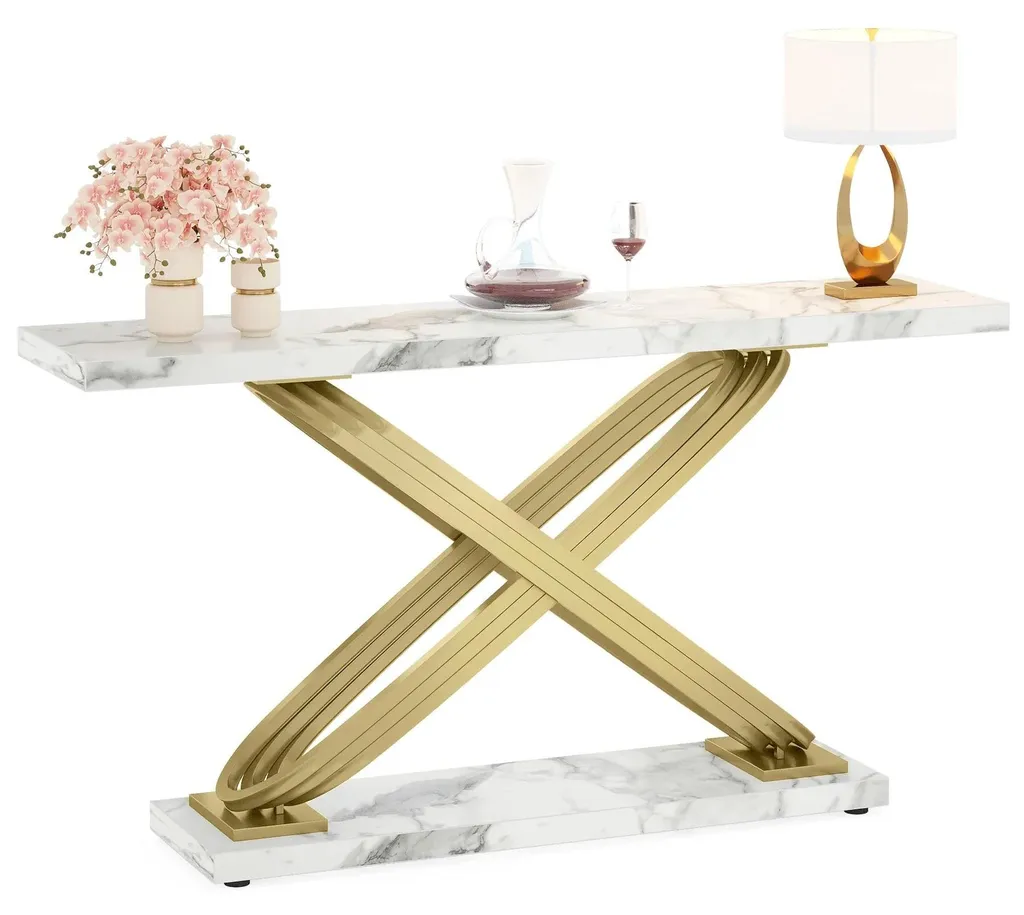 Table console plateau simili-marbre et structure métal dorée 100cm