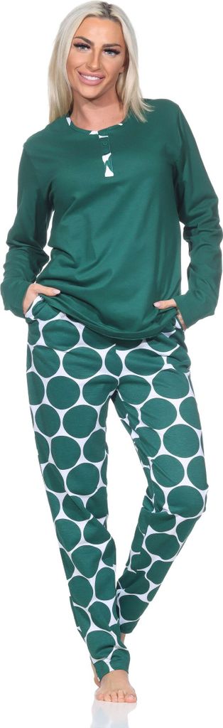 Normann Damen Schlafanzug langarm mit Pyjama Hose in Tupfen Punkte Optik ; grün , 36