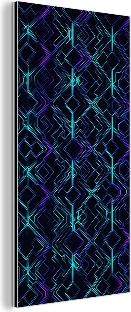 MuchoWow Wanddekoration Metall Metallbild Wandkunst 40x80 cm Gaming - Karierte Formen - Abstrakt - Neon - Lila MuchoWow Aluminium Gemälde - Wandde...