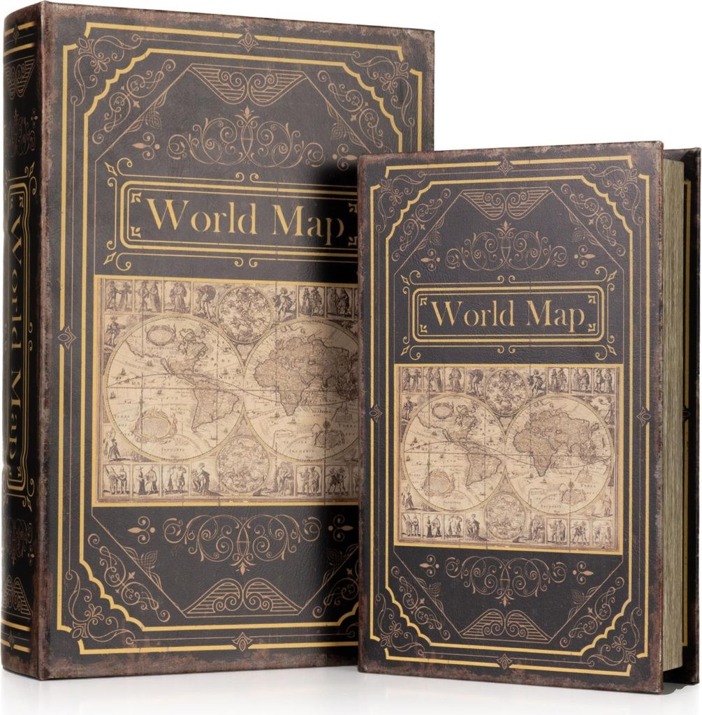 Buchhüllen Set Weltkarte - 2-teiliges Geheimversteck im Antik-Stil - Deko Buchbox für Schmuck & Dokumente - Aufbewahrungsbox 33,2x22x7cm & 26,2x1...