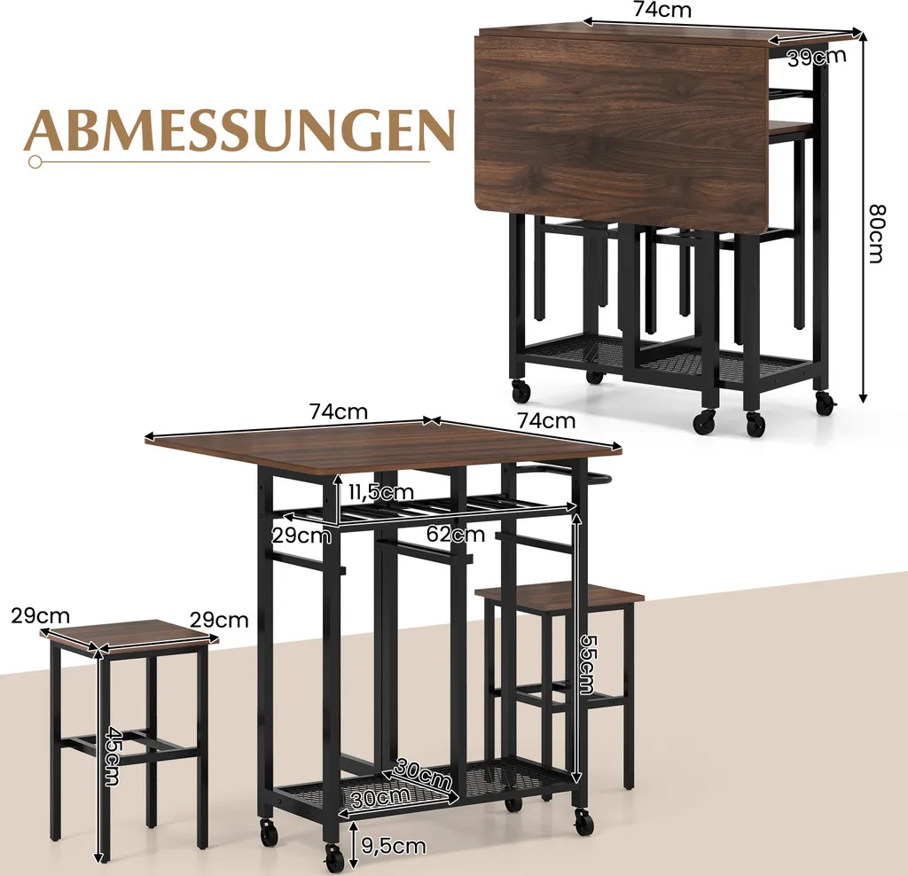 Table de Cuisine Pliable avec 2 Tabourets et Casier à Vin Intégré Noir