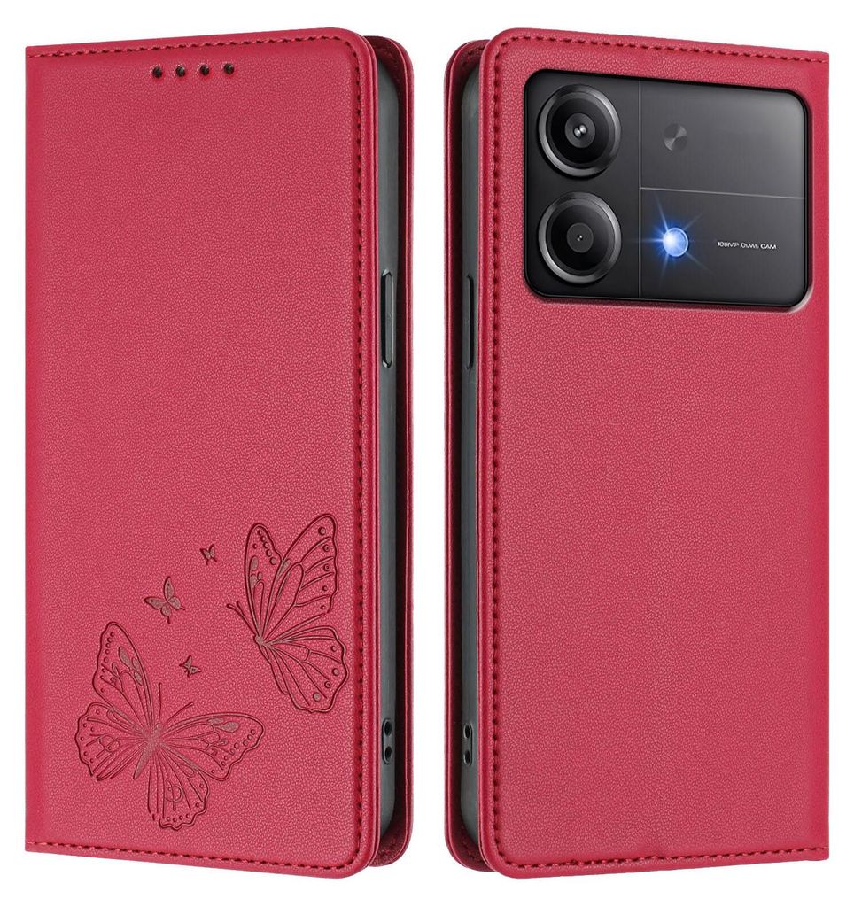 Lederhülle für Xiaomi Poco X6 Neo, Schmetterling Prägung Leder Brieftasche Schutzhülle mit Ständer Rot