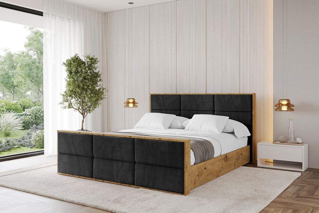 ALTDECOR Polsterbett mit Bettkasten - ENZO1-Z - 180x200 Schwarz Casablanca- Bett mit Kopfteil und Fußteil, Boxbett ohne Matratze, Doppelbett mit S...