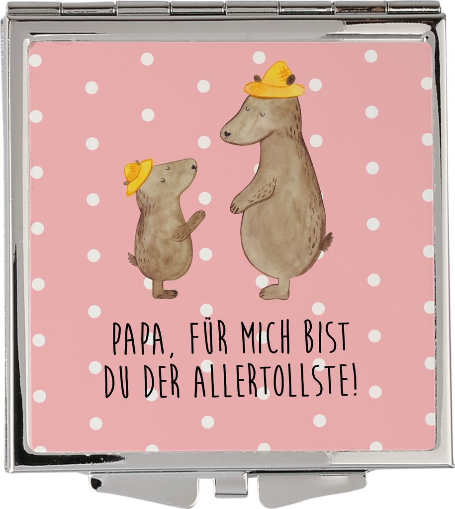 Mr. & Mrs. Panda Taschenspiegel Bären mit Hut - Rot Pastell - Geschenk, Papa, Muttertag, Family, Schminkspiegel klein, Handspiegel, Vatertag, Bär...