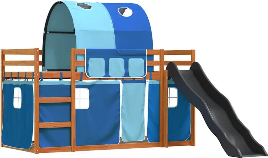 vidaXL Etagenbett mit Rutsche und Gardinen Blau 90x200 cm