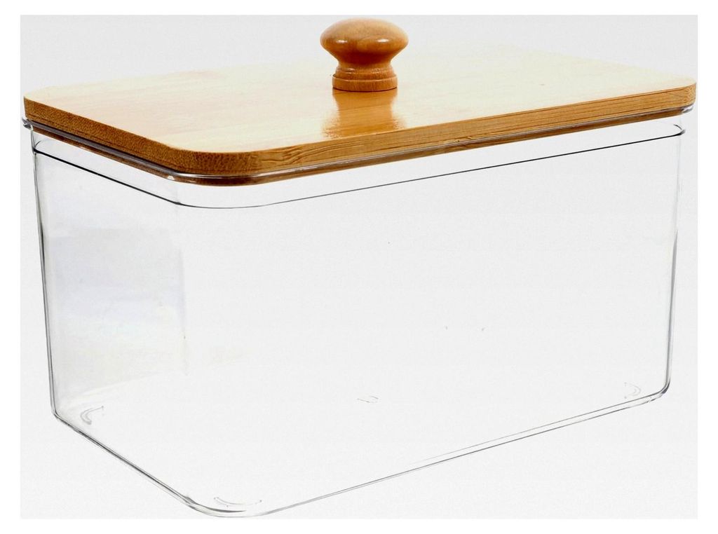 Transparente Wäschedosenschale mit Bambusdeckel und Holzgriff