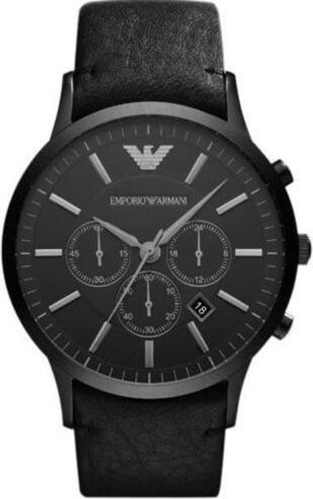 A close-up, front-facing studio shot of a black Emporio Armani chronograph watch with a black leather strap.