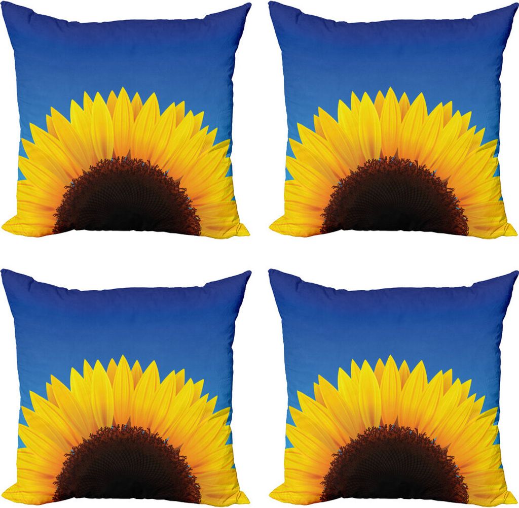 ABAKUHAUS Gelb und Blau Kissenbezug Set (4 Stück), Sunflower Blatt, Moderner Doppelseitiger Digitaldruck, 60 cm x 60 cm, Dunkelbraun Gelb