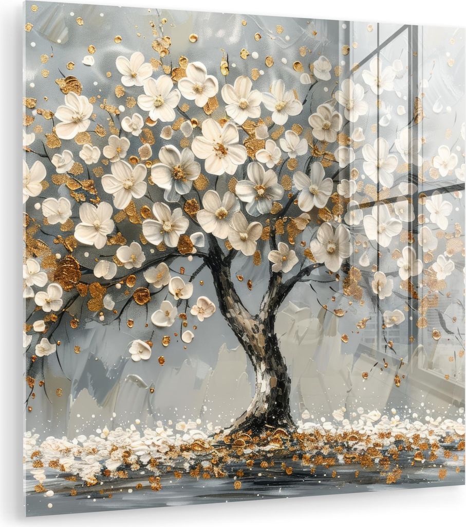 MuchoWow Glasbilder - Bilder auf Wandbild - Foto auf Glas Baum - Gold - Blumen - Abstrakt - Kunst 30x30 cm Wanddekoration aus Glas - Acrylglasbild ...