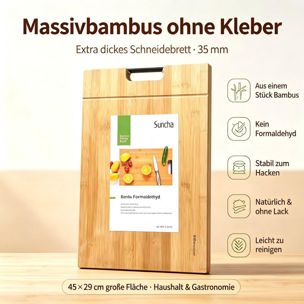 SC Bambus Schneidebrett m. Griff Extradicke XL 450×290×35mm Produktbild 
